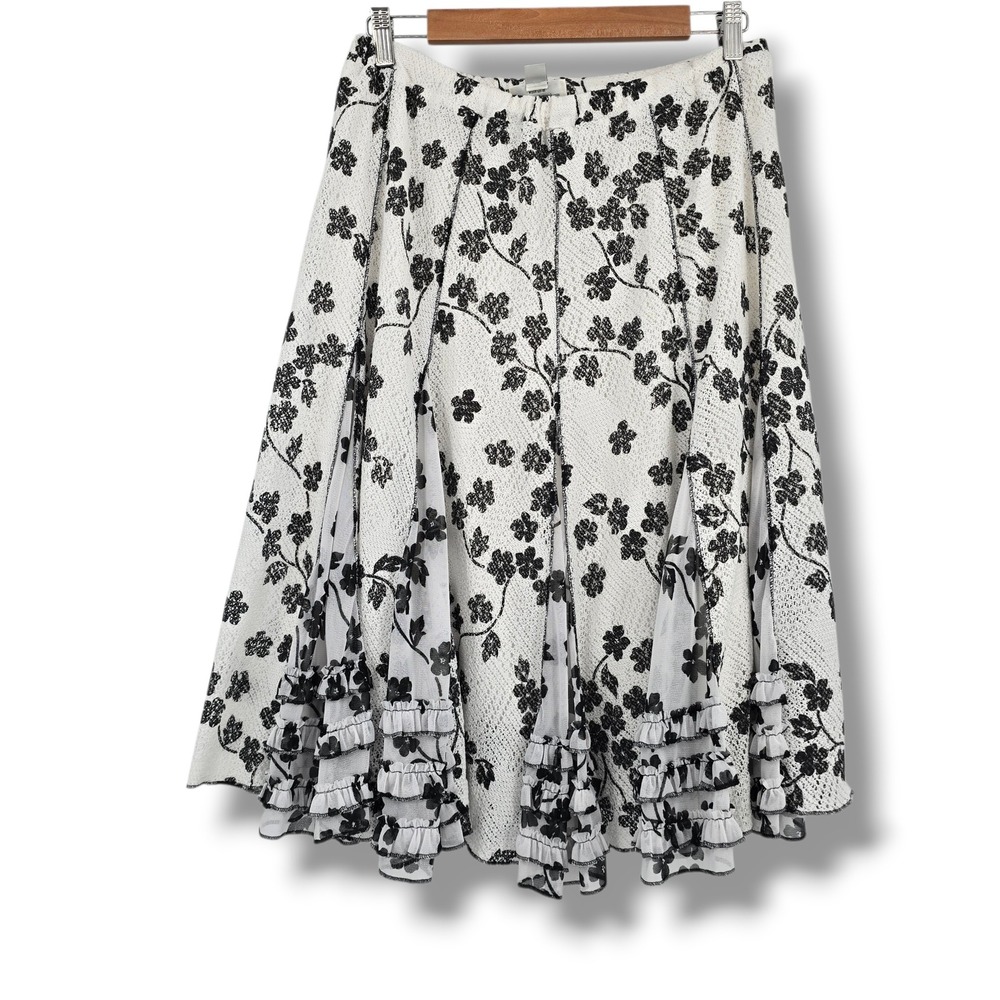 Coldwater Creek White Black Floral Lace Ruffle Godet Midi Skirt Size PM‎